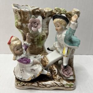 Vintage BOY GIRL Teeter Totter Figurine‎ Porcelain Vase Tree Flowers Waving cute